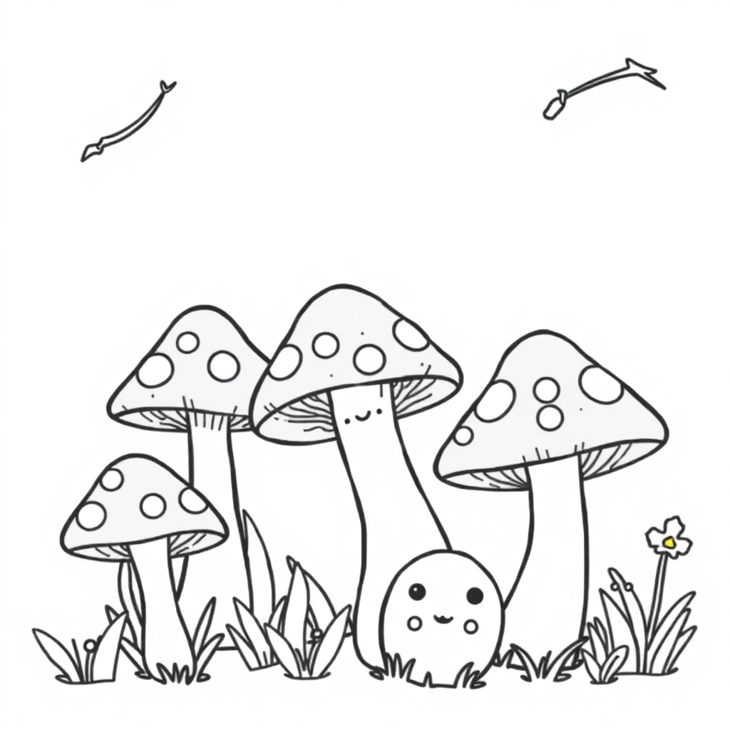 Kawaii Mushroom Forest Coloring Page