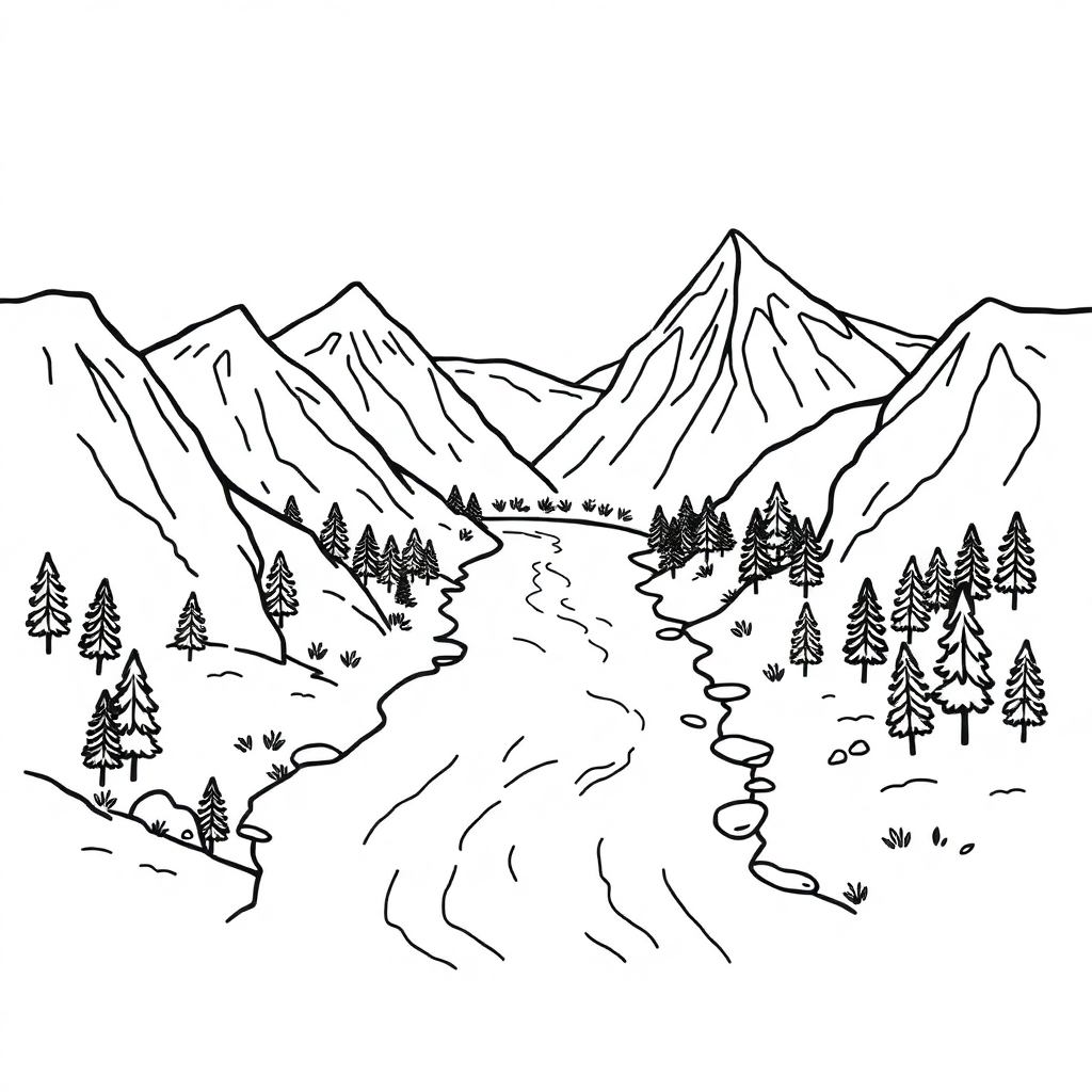 Kawaii River Through Mountains Coloring Page
