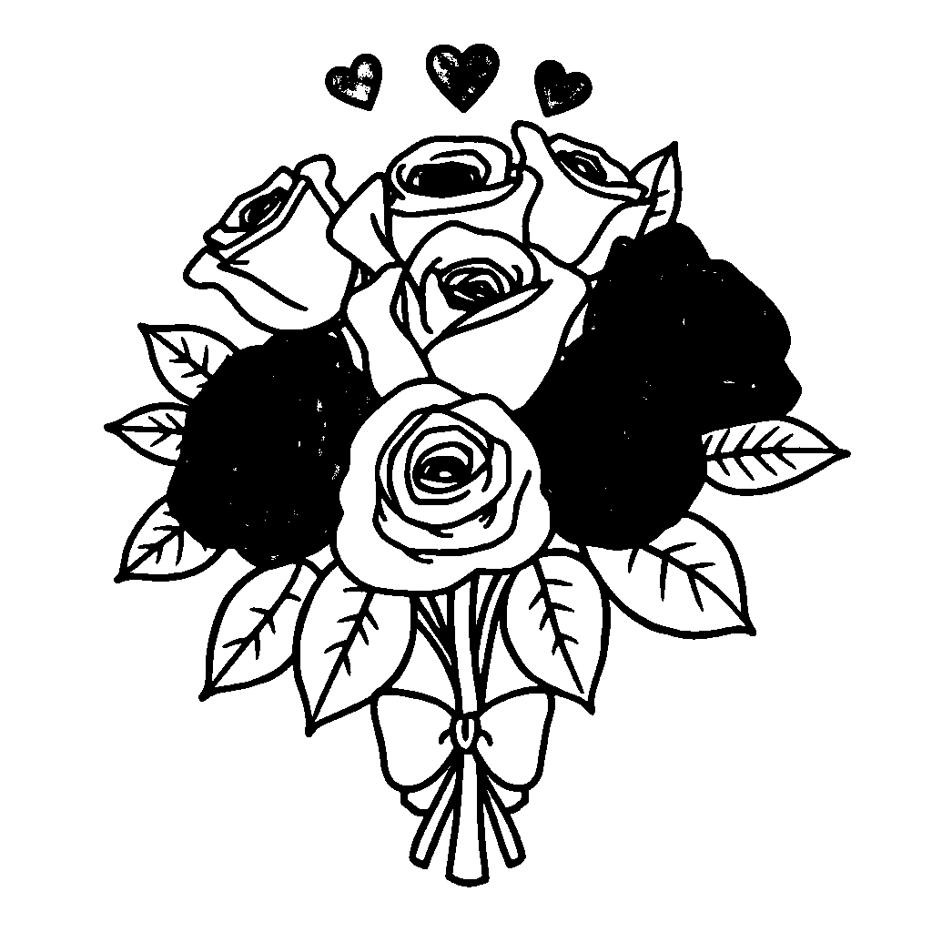 Kawaii Rose Bouquet Valentines Coloring Page
