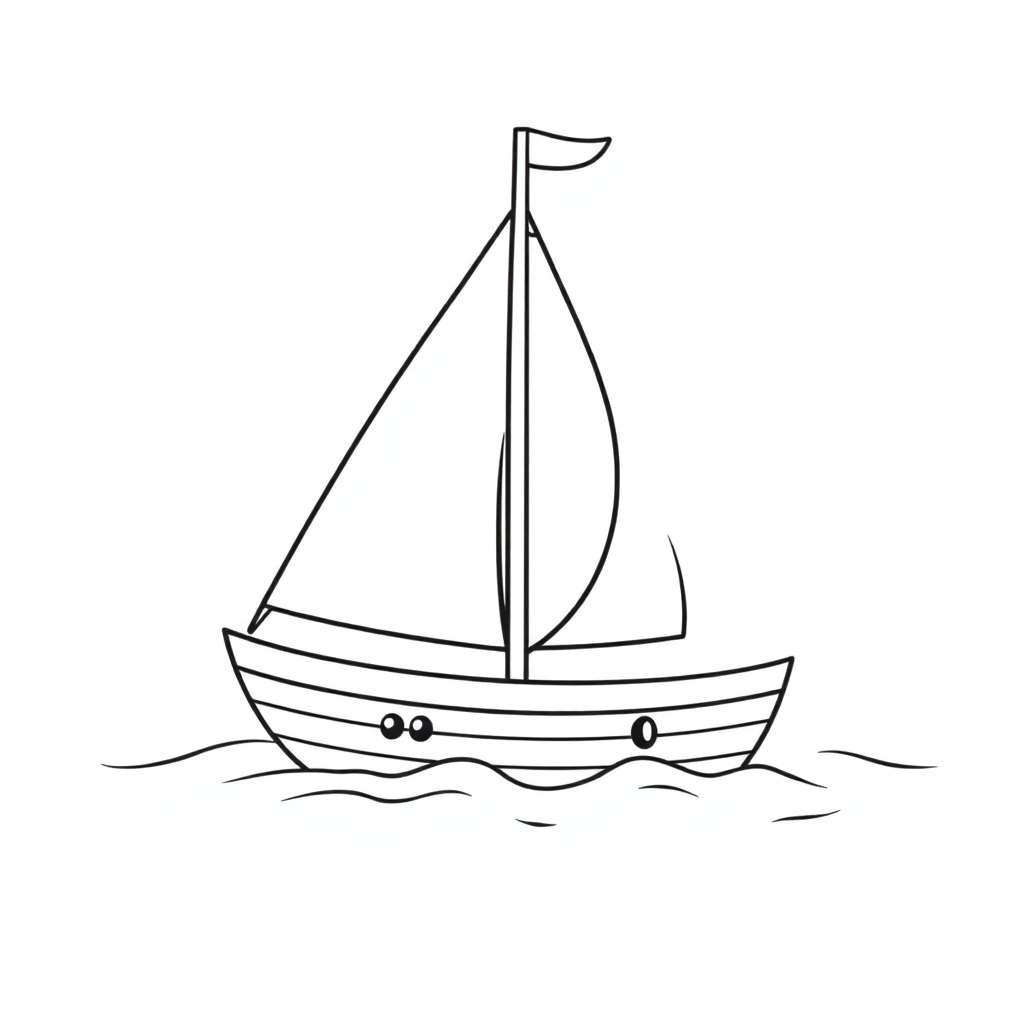 Kawaii Sailboat On Water Coloring Page