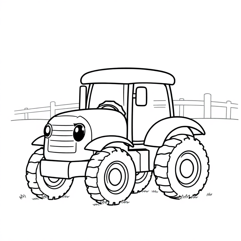 Kawaii Tractor On Farm Coloring Page