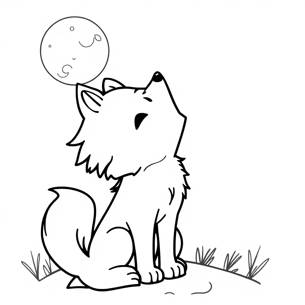 Kawaii Wolf Howling At Moon Coloring Page