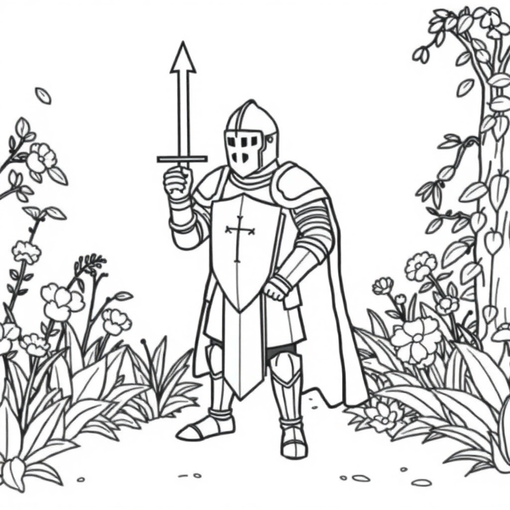 Knight In Armor In Garden Coloring Page