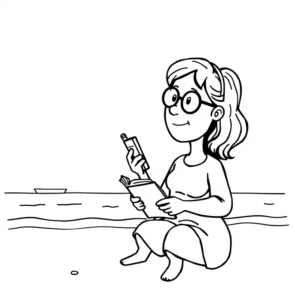 Librarian With Books On Beach Coloring Page