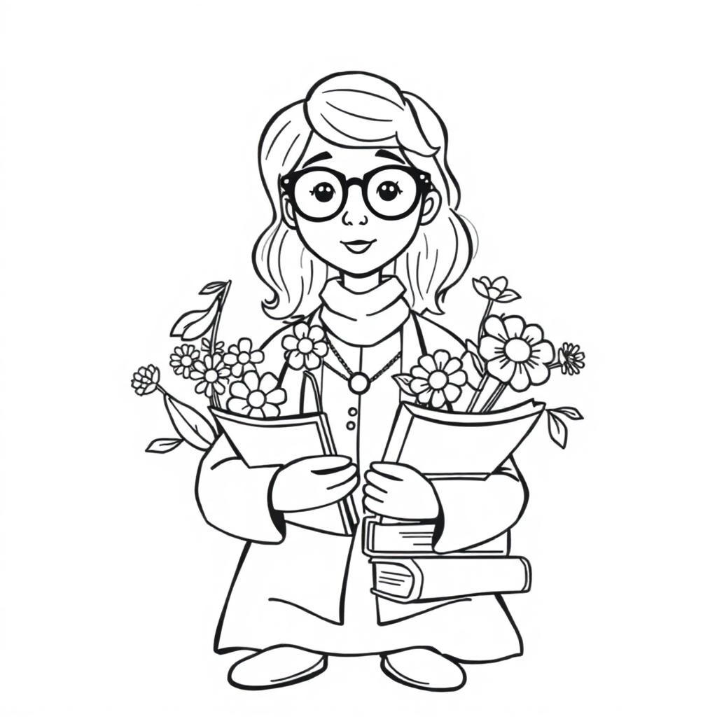 Librarian With Books With Flowers Coloring Page