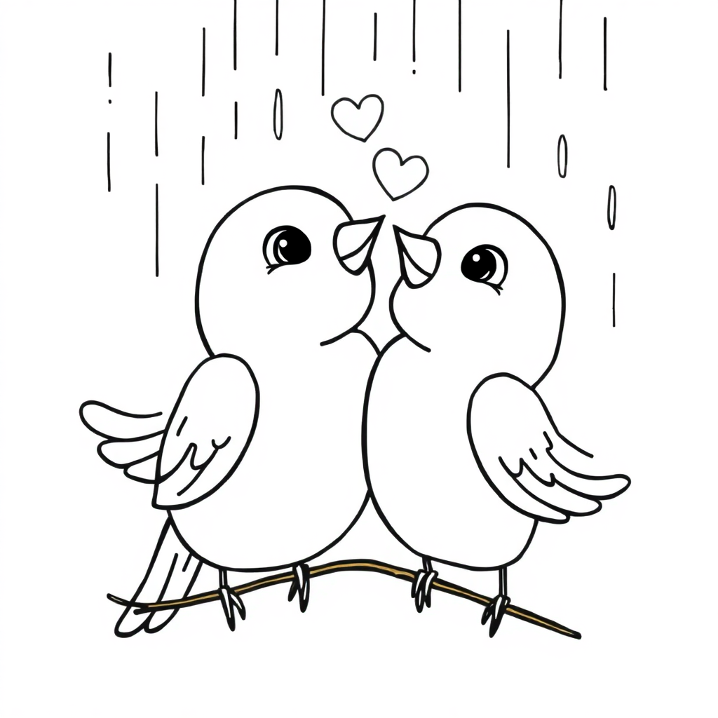 Love Birds In Rain Coloring Page