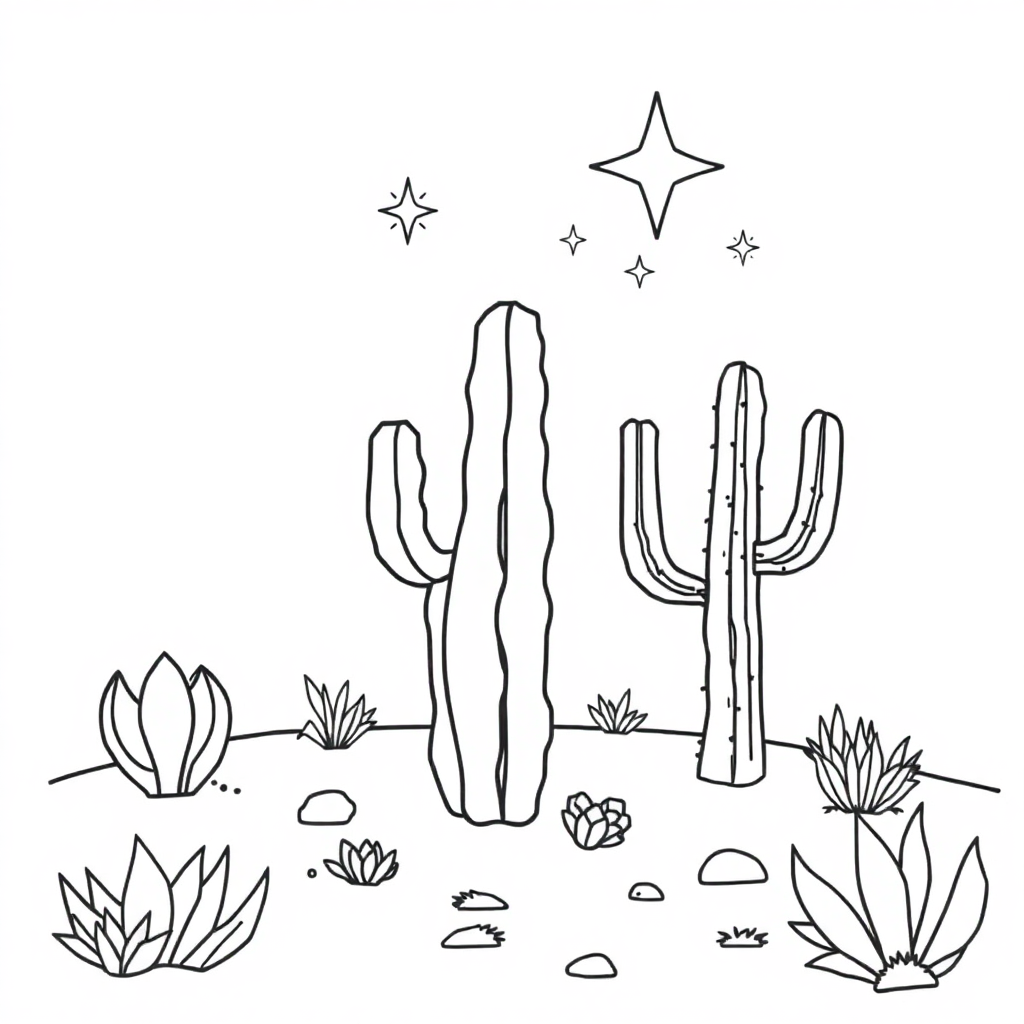Magical Cactus Desert Coloring Page