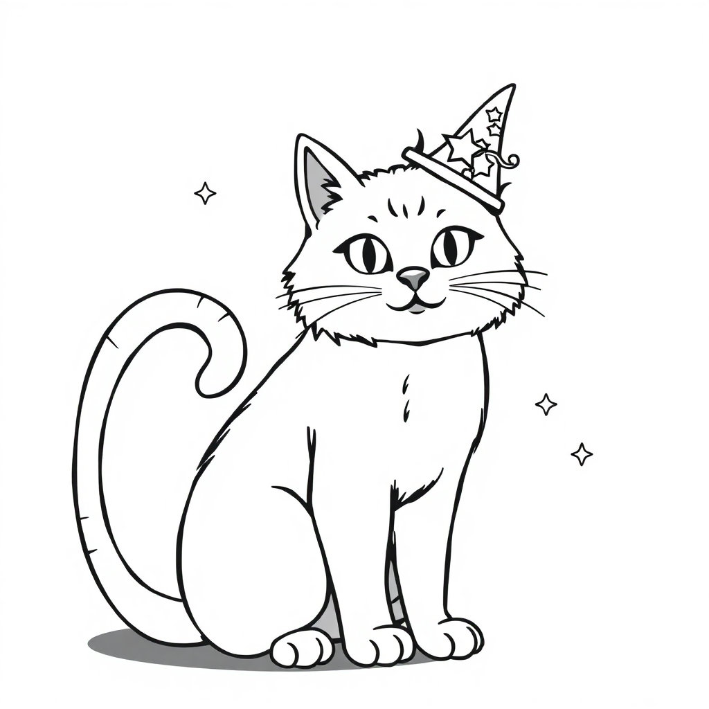 Magical Cute Cat Sitting Coloring Page