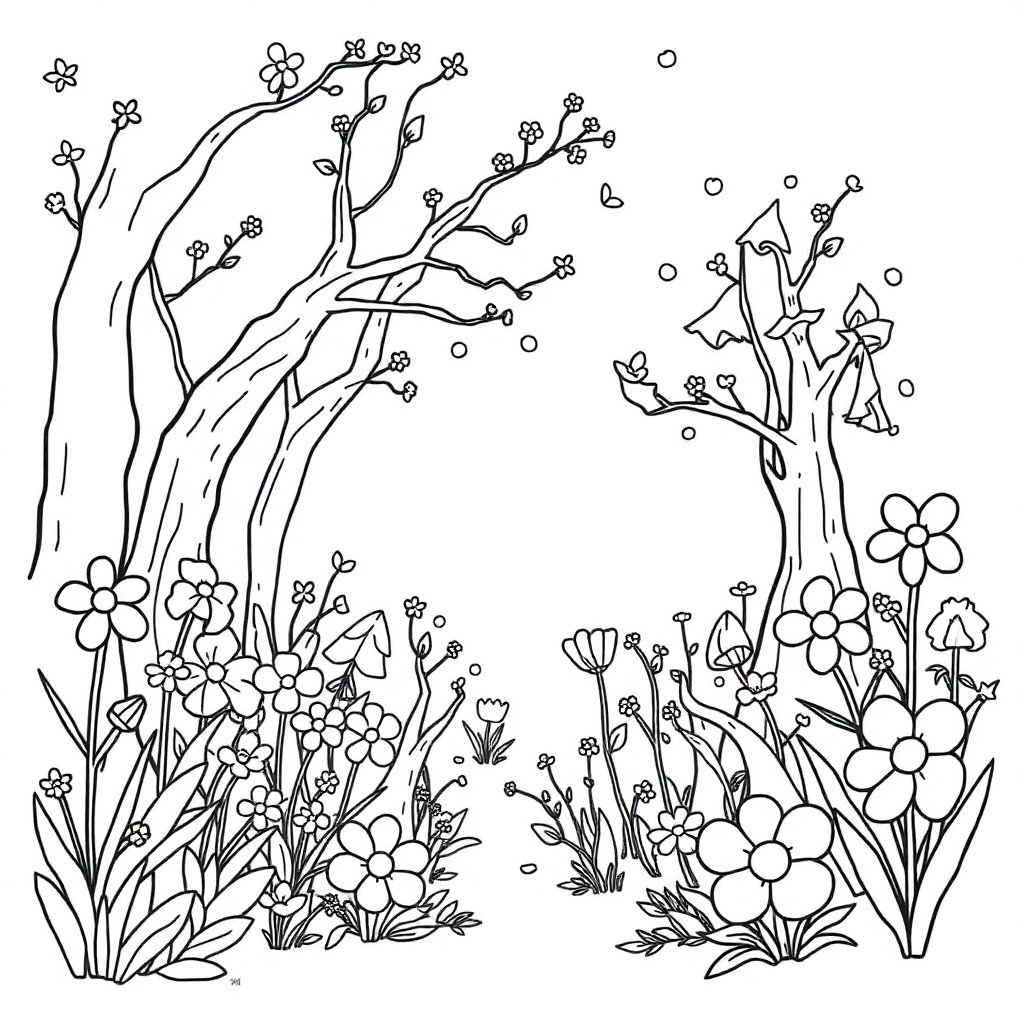 Magical Forest With Flowers Coloring Page