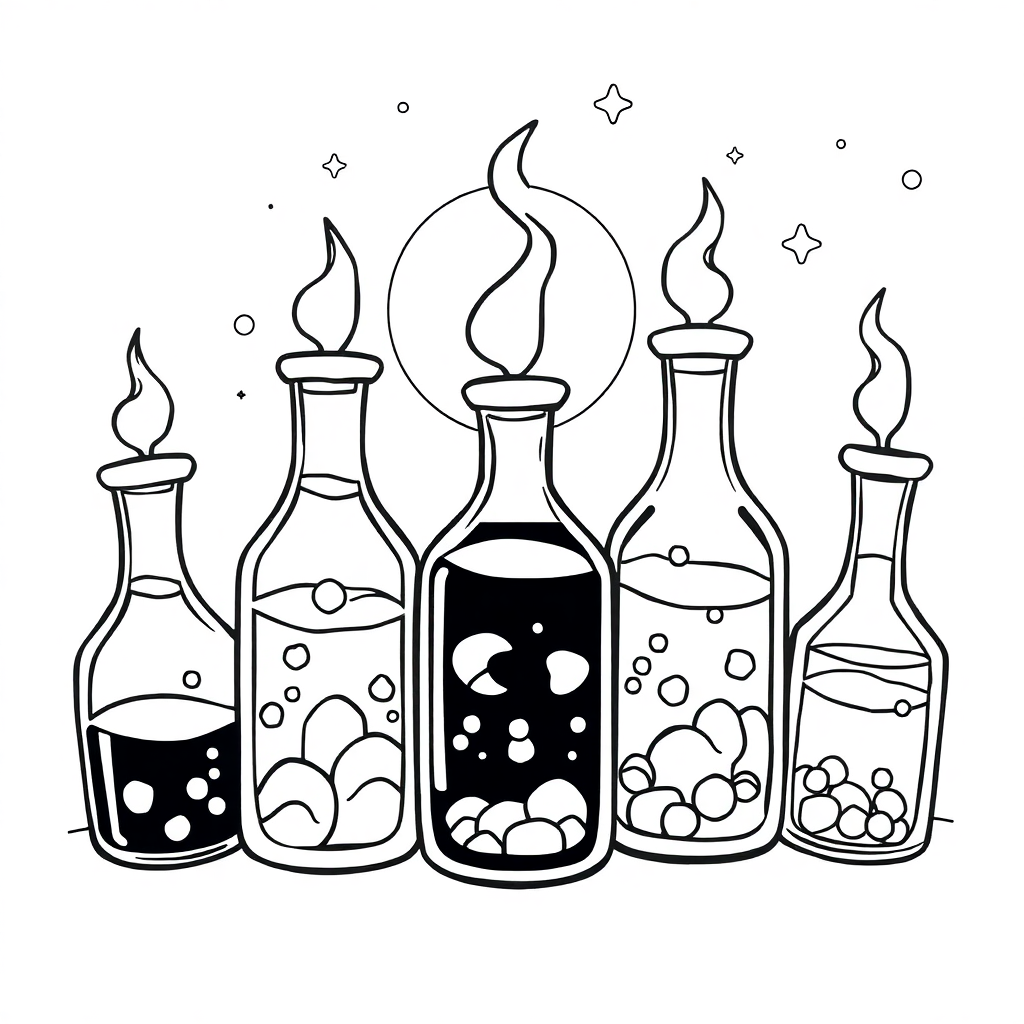 Magical Potion Bottles At Night Coloring Page