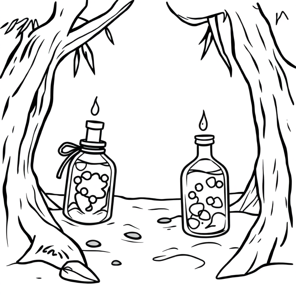 Magical Potion Bottles On Beach Coloring Page