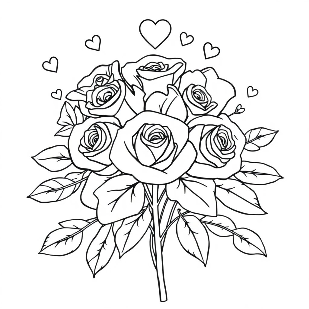 Magical Rose Bouquet Valentines Coloring Page