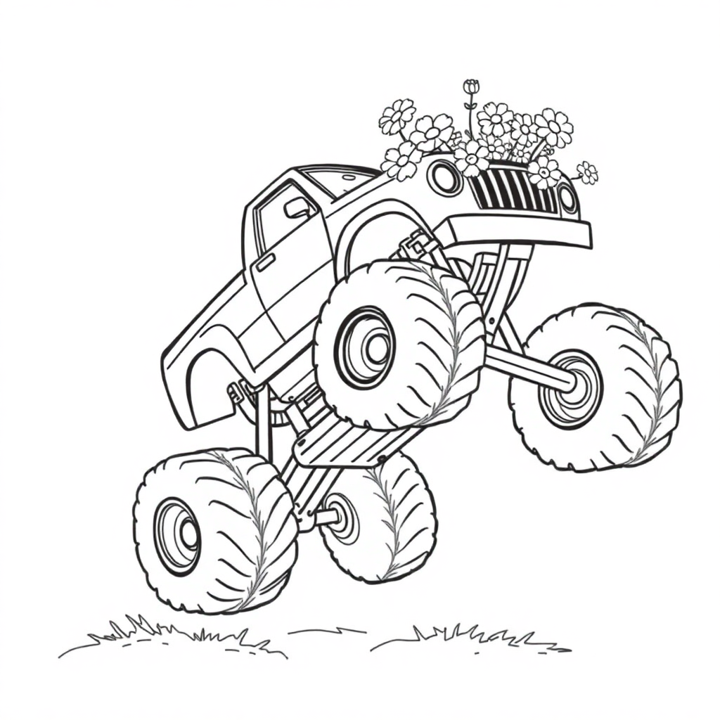 Monster Truck Jumping With Flowers Coloring Page