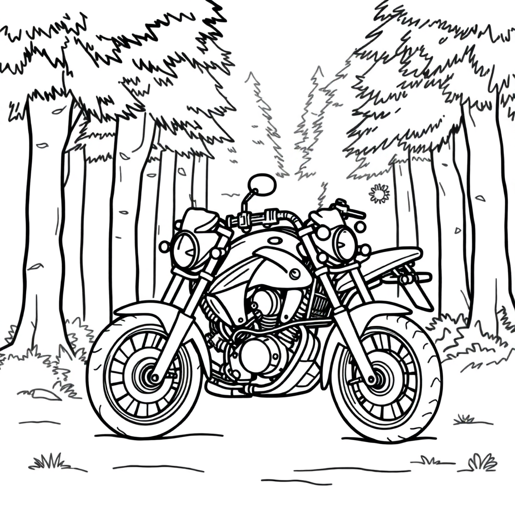 Motorcycle In Forest Coloring Page