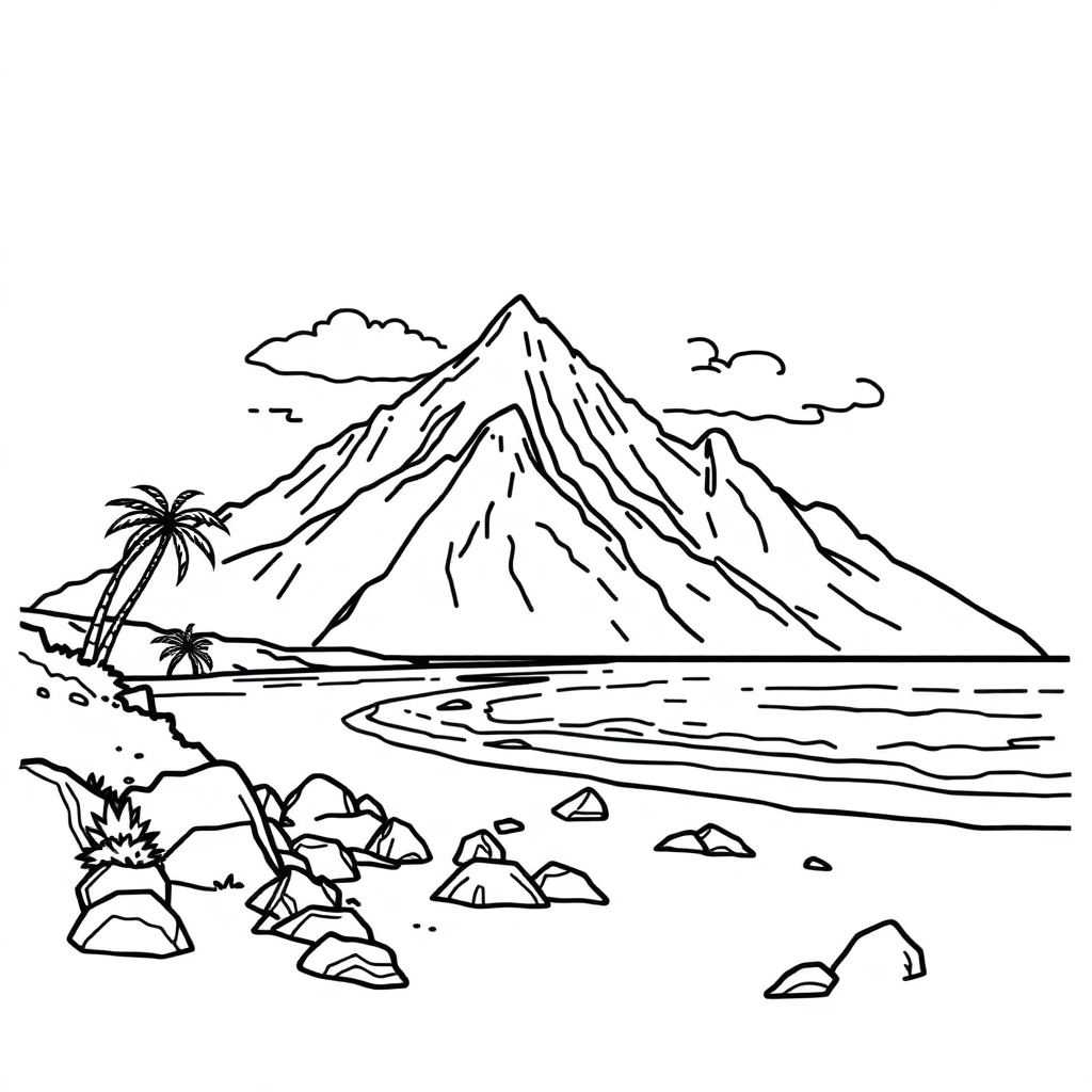 Mountain Landscape On Beach Coloring Page