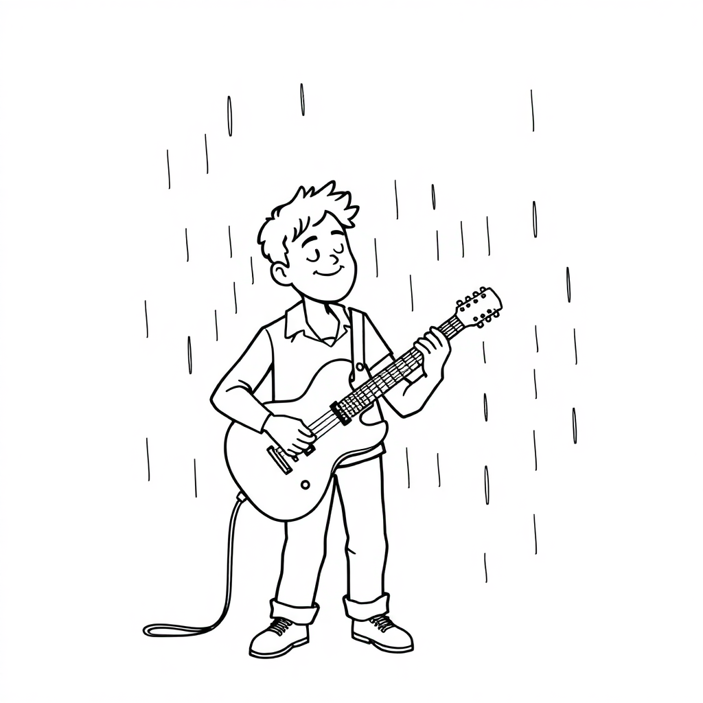 Musician Playing Guitar In Rain Coloring Page