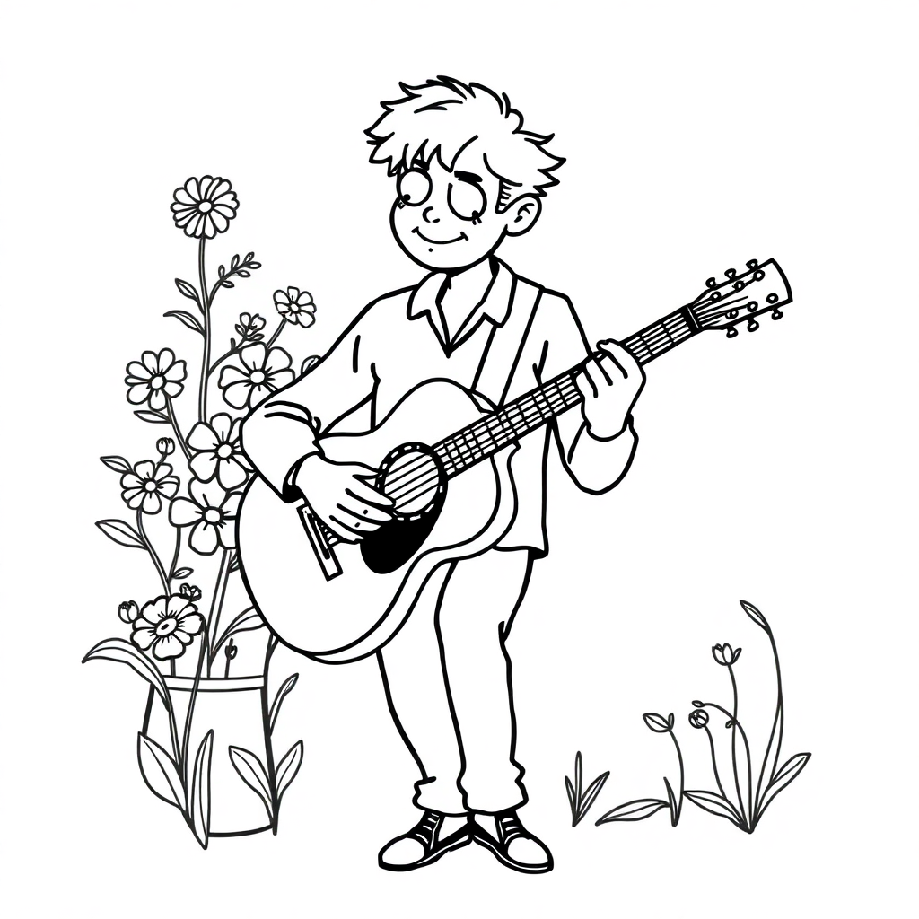 Musician Playing Guitar With Flowers Coloring Page