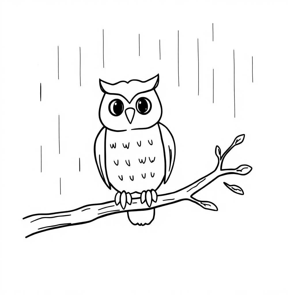 Owl On Branch In Rain Coloring Page