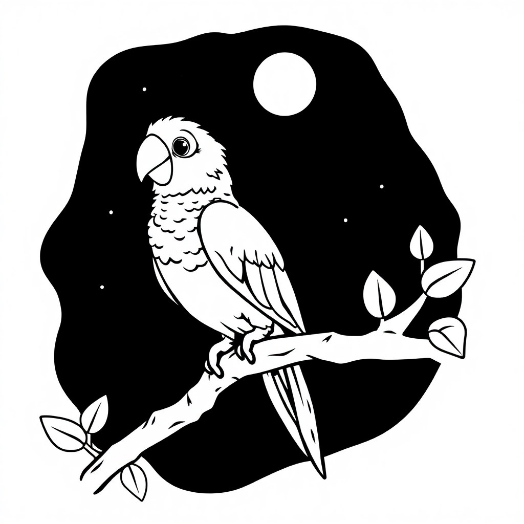 Parrot On Branch At Night Coloring Page