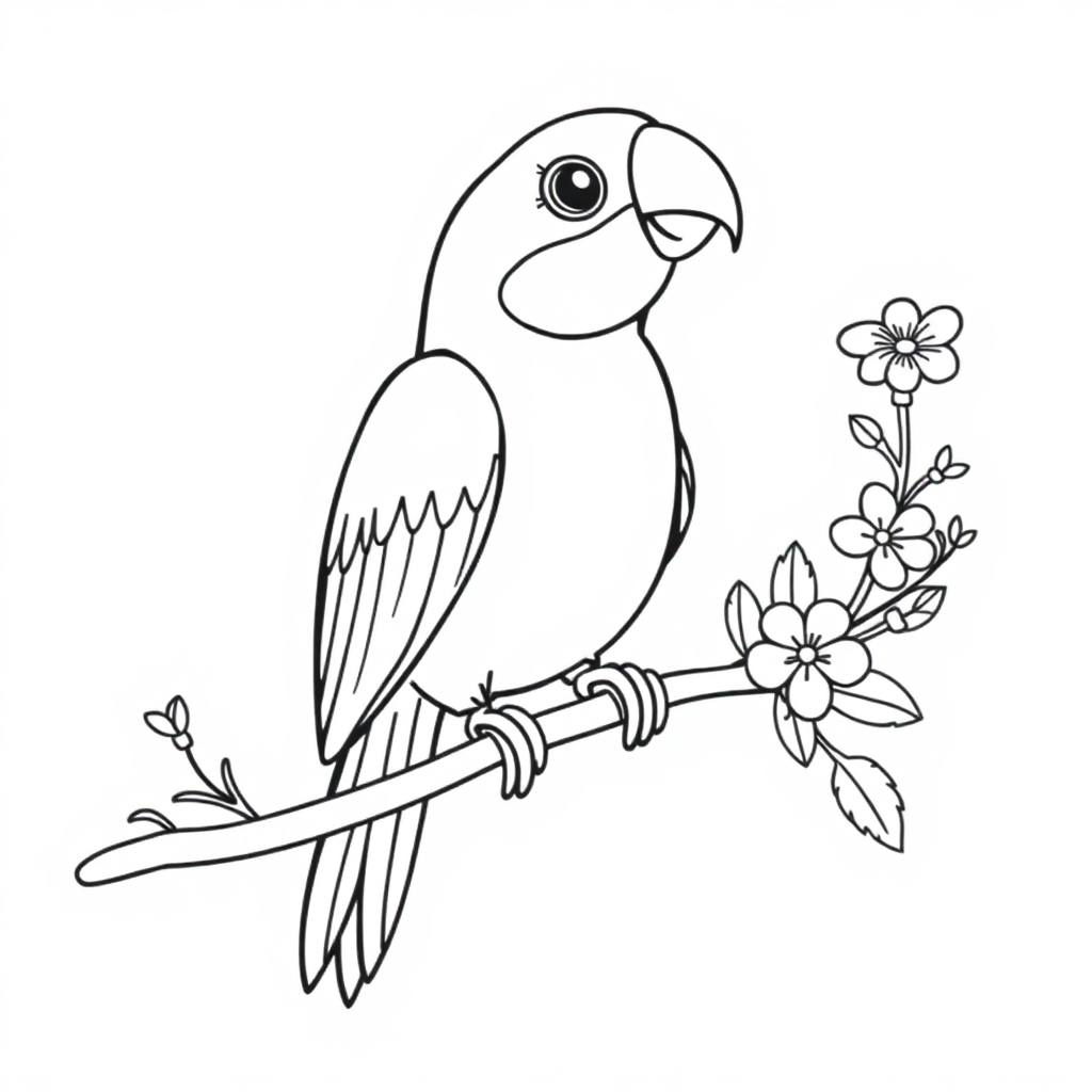 Parrot On Branch With Flowers Coloring Page