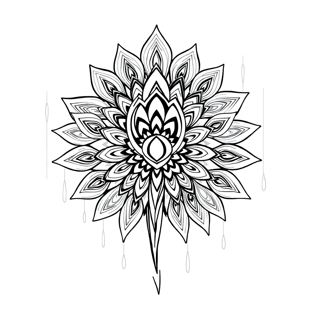 Peacock Feather Mandala In Rain Coloring Page