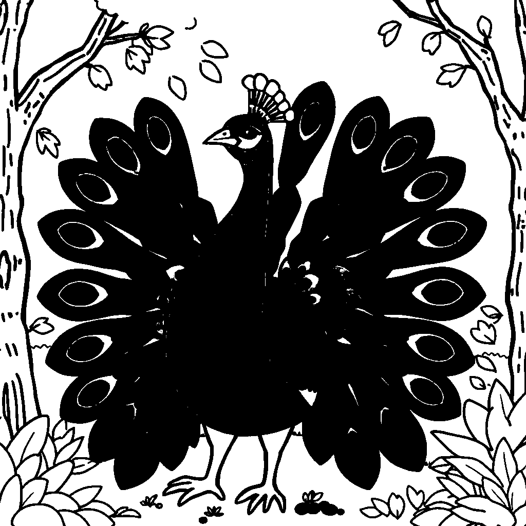 Peacock With Feathers Spread In Forest Coloring Page