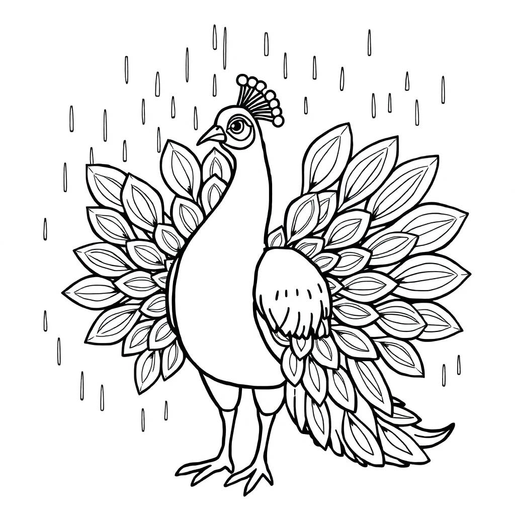 Peacock With Feathers Spread In Rain Coloring Page