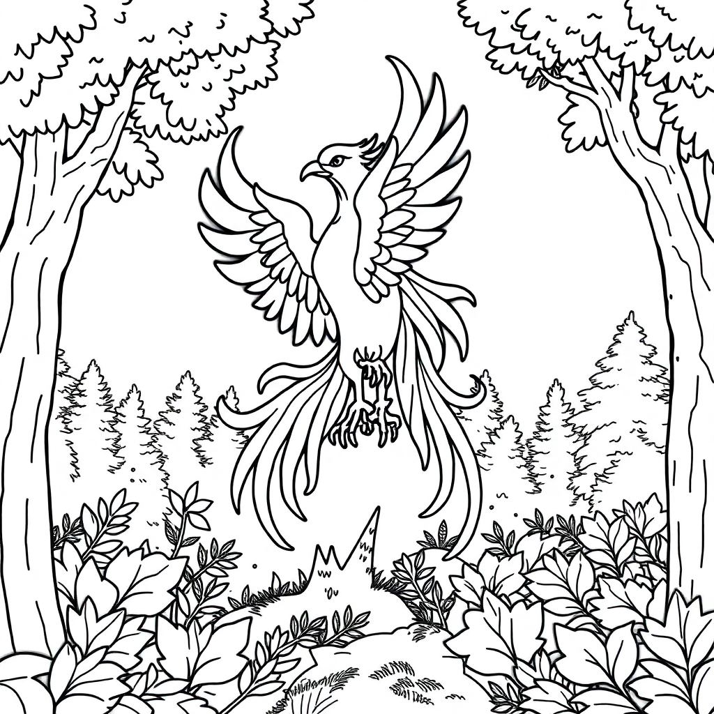 Phoenix Rising In Forest Coloring Page