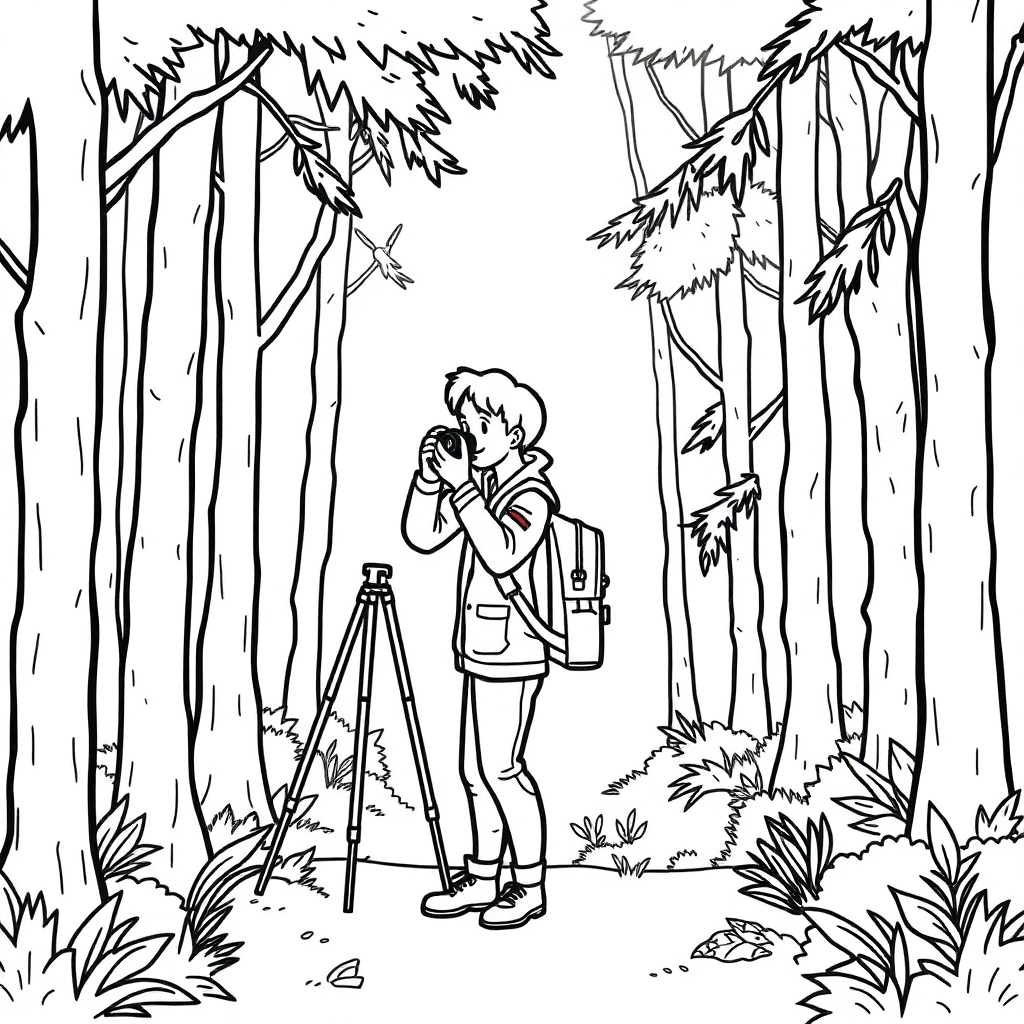 Photographer In Forest Coloring Page