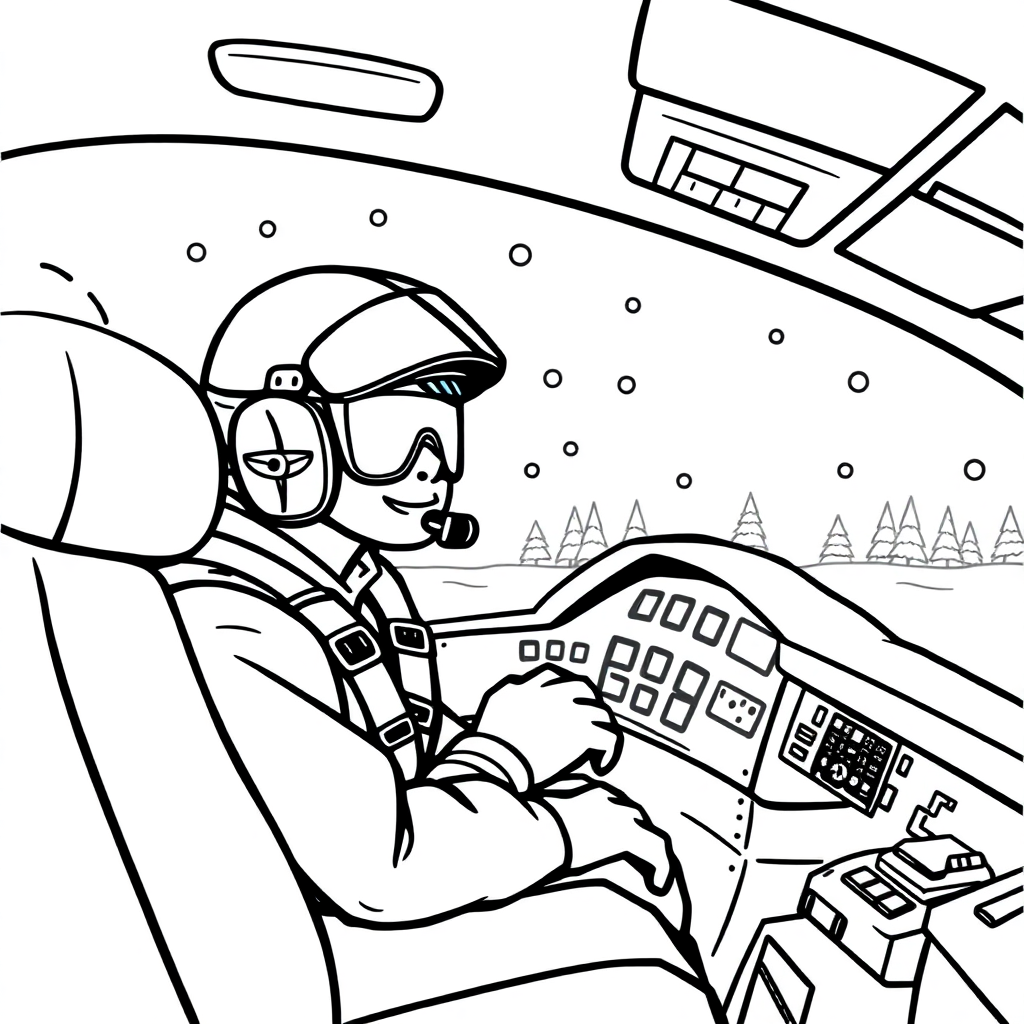 Pilot In Cockpit In Winter Coloring Page