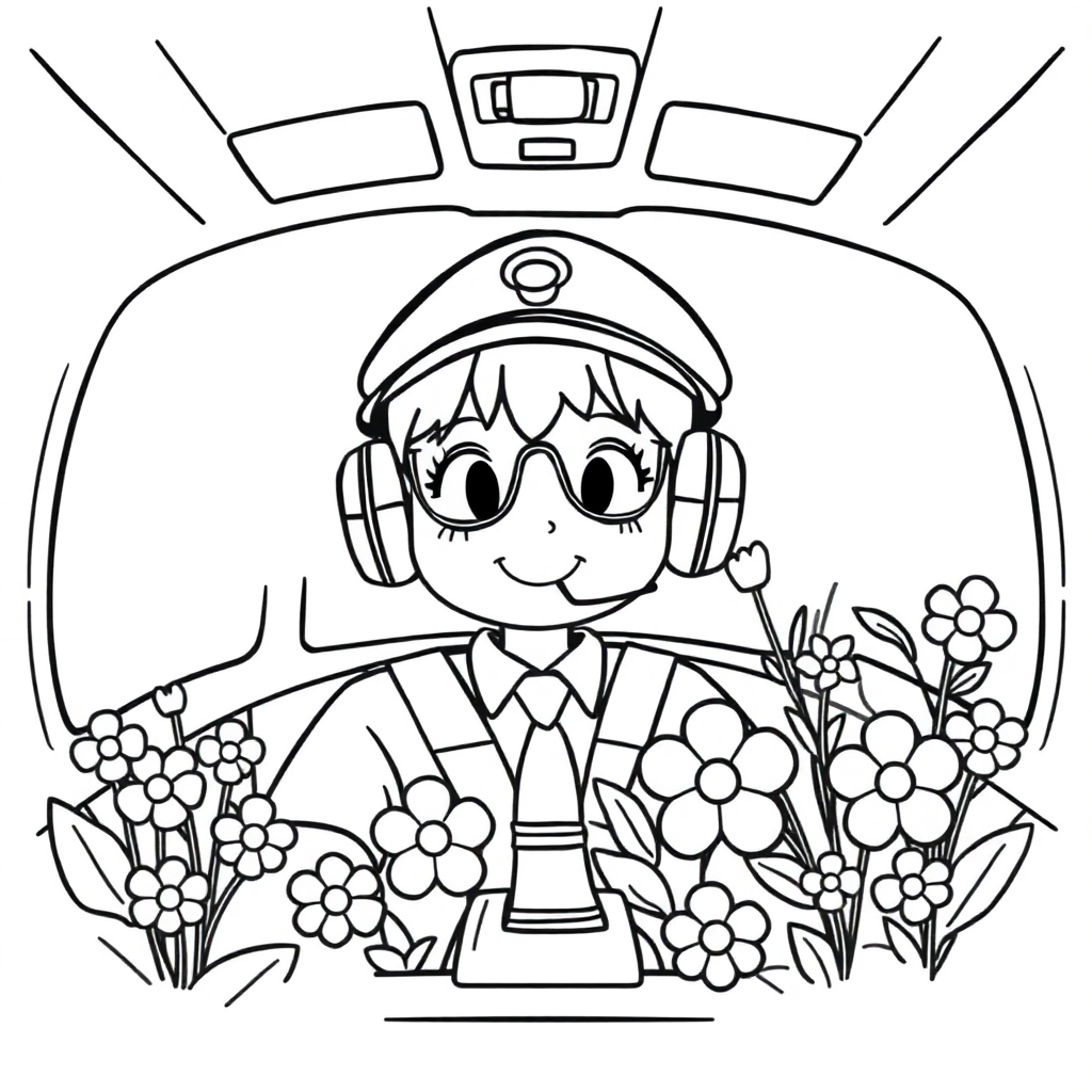 Pilot In Cockpit With Flowers Coloring Page