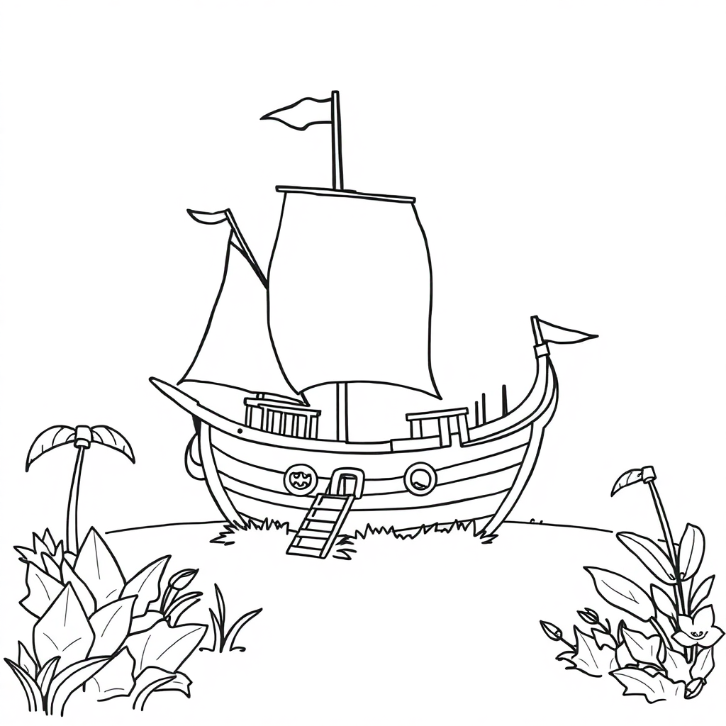 Pirate Ship In Garden Coloring Page