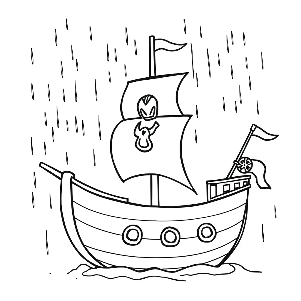 Pirate Ship In Rain Coloring Page