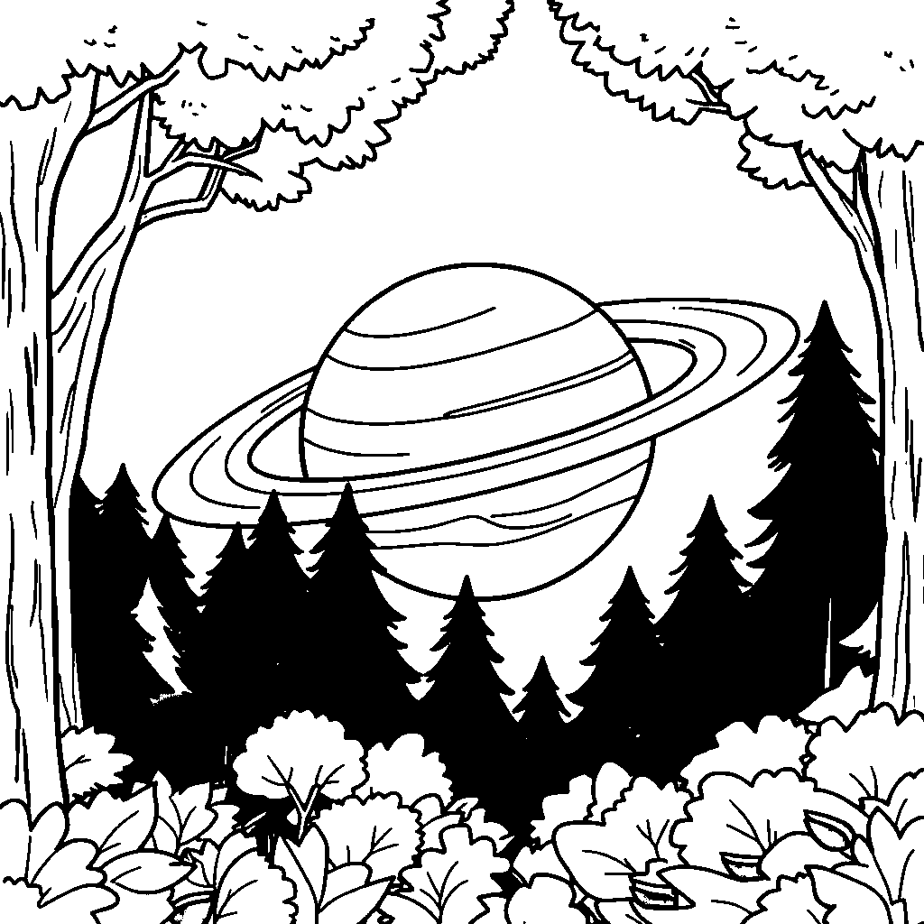 Planet Saturn With Rings In Forest Coloring Page
