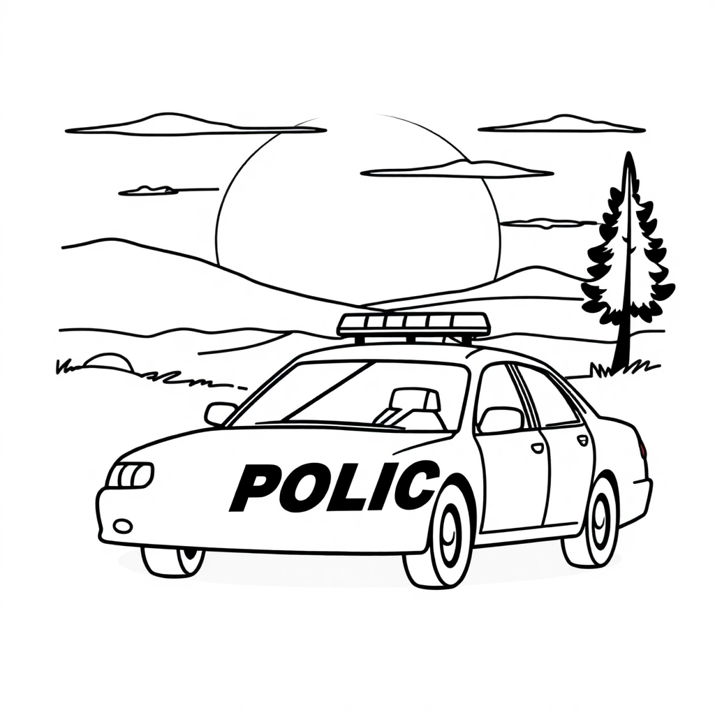 Police Car At Sunset Coloring Page