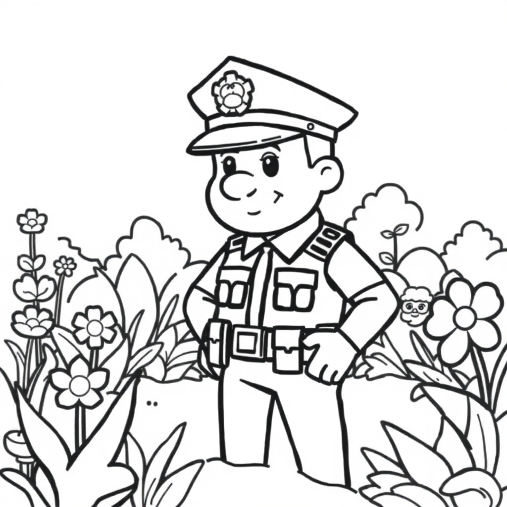 Police Officer In Garden Coloring Page