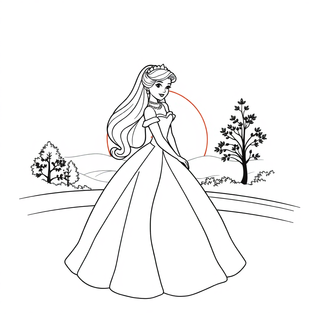 Princess In Dress At Sunset Coloring Page