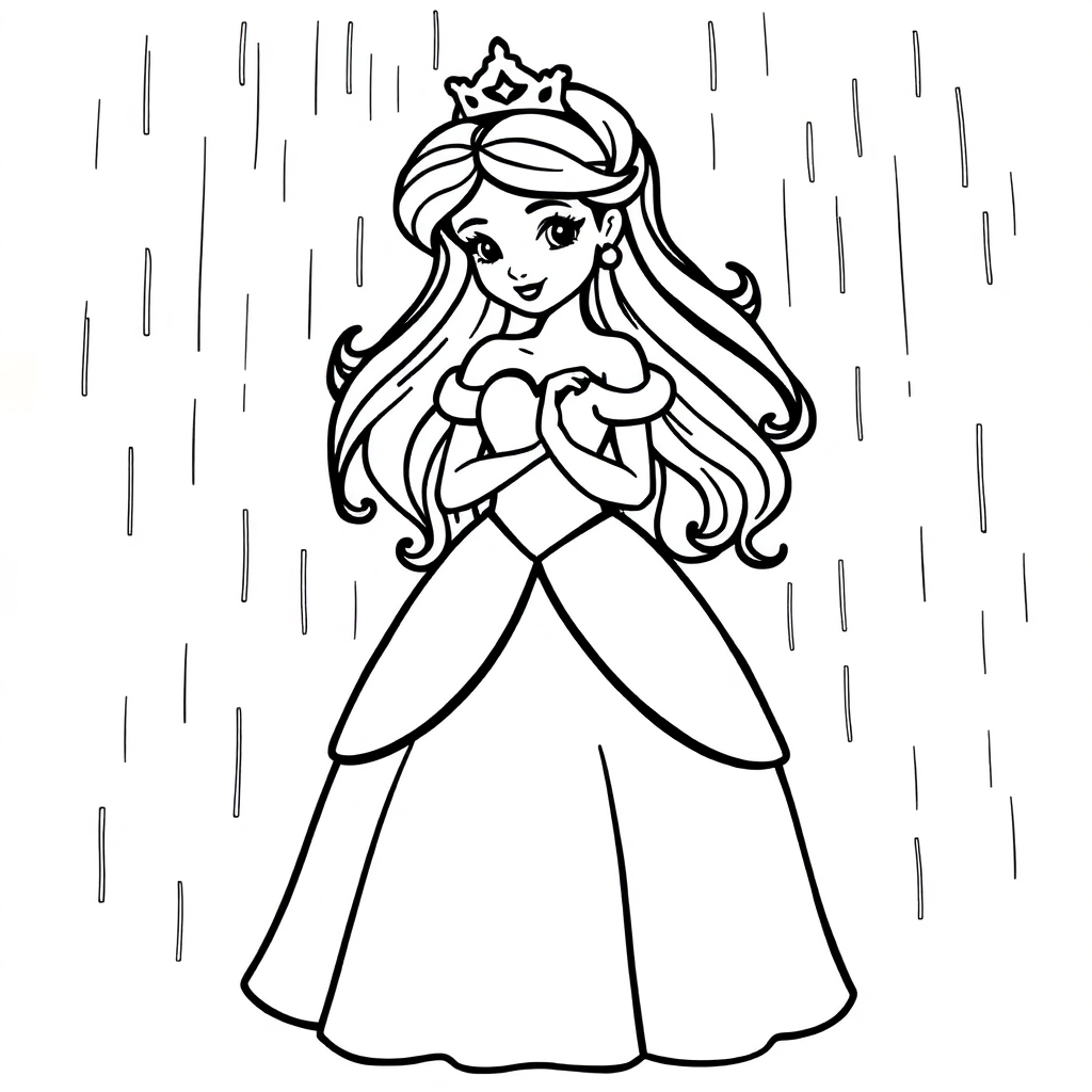 Princess In Dress In Rain Coloring Page