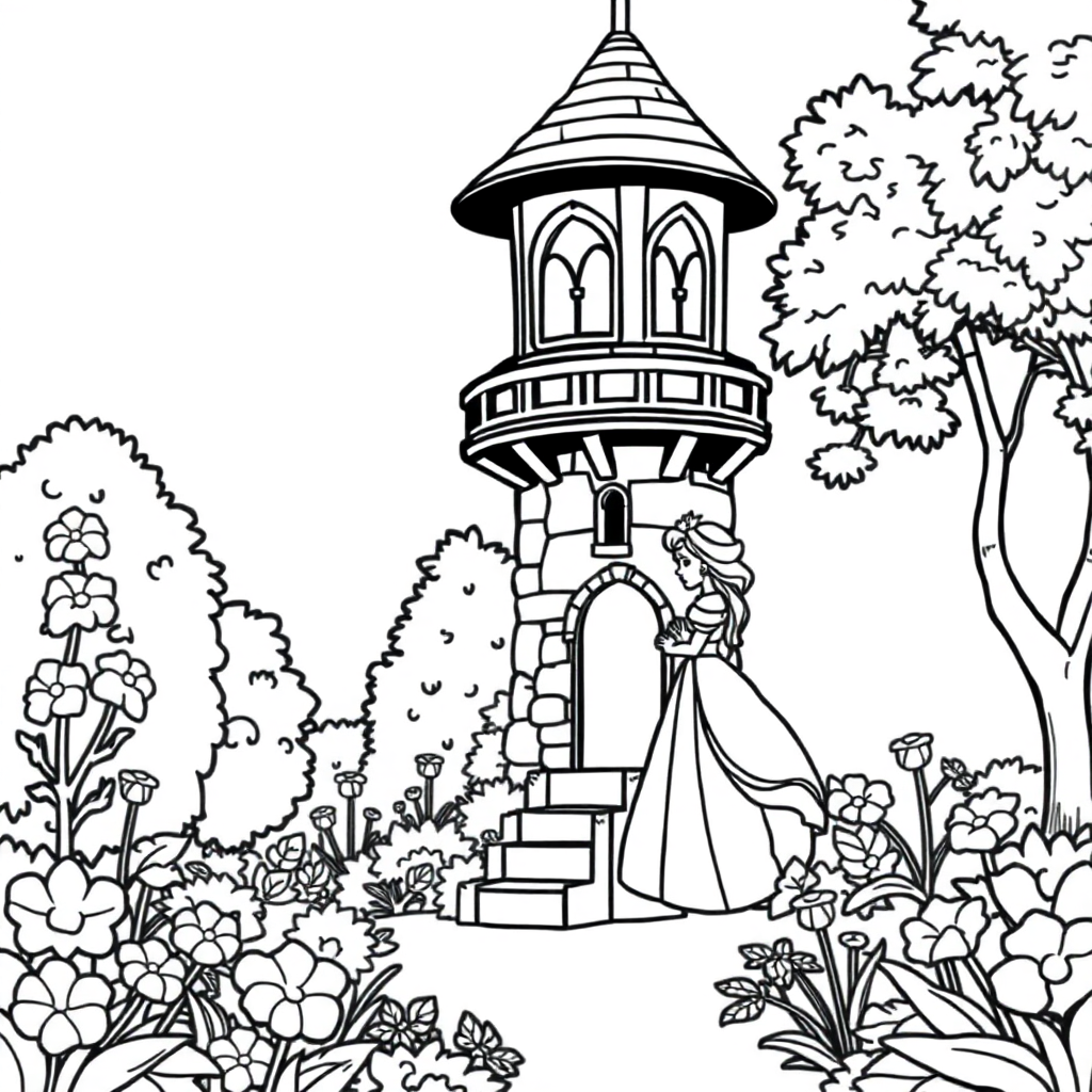 Princess In Tower In Garden Coloring Page