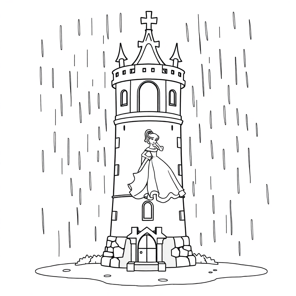 Princess In Tower In Rain Coloring Page