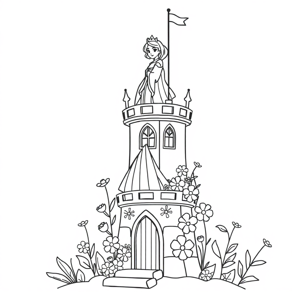 Princess In Tower With Flowers Coloring Page