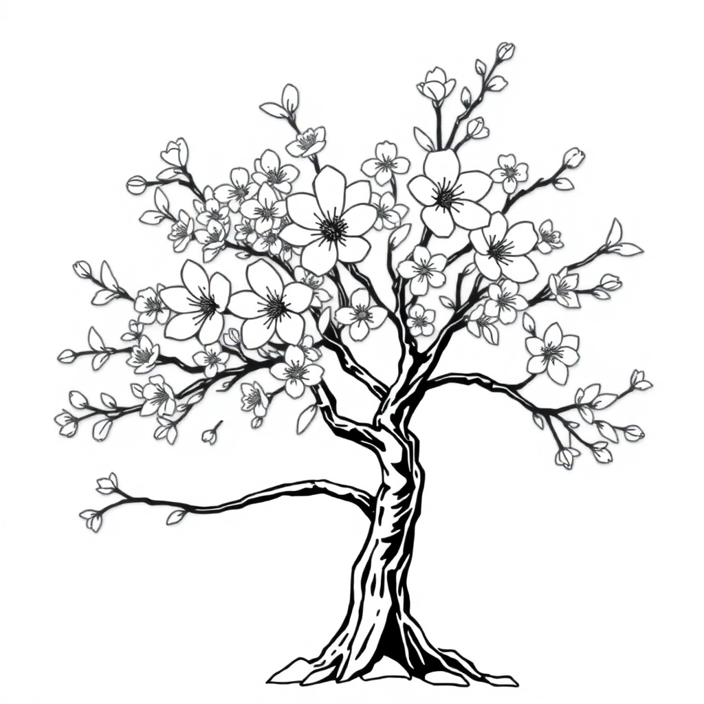 Realistic Cherry Blossom Tree Coloring Page