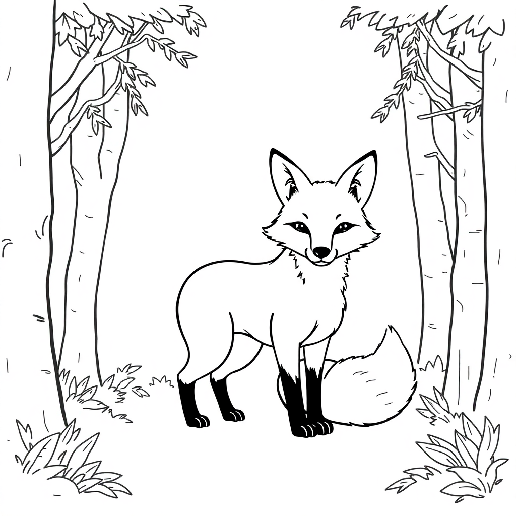Realistic Fox In Forest Coloring Page