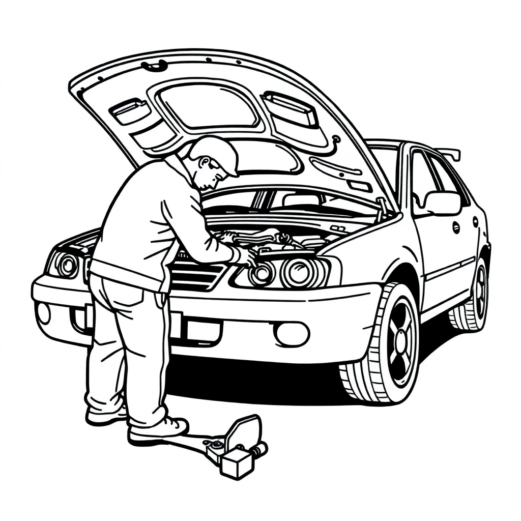 Realistic Mechanic Fixing Car Coloring Page