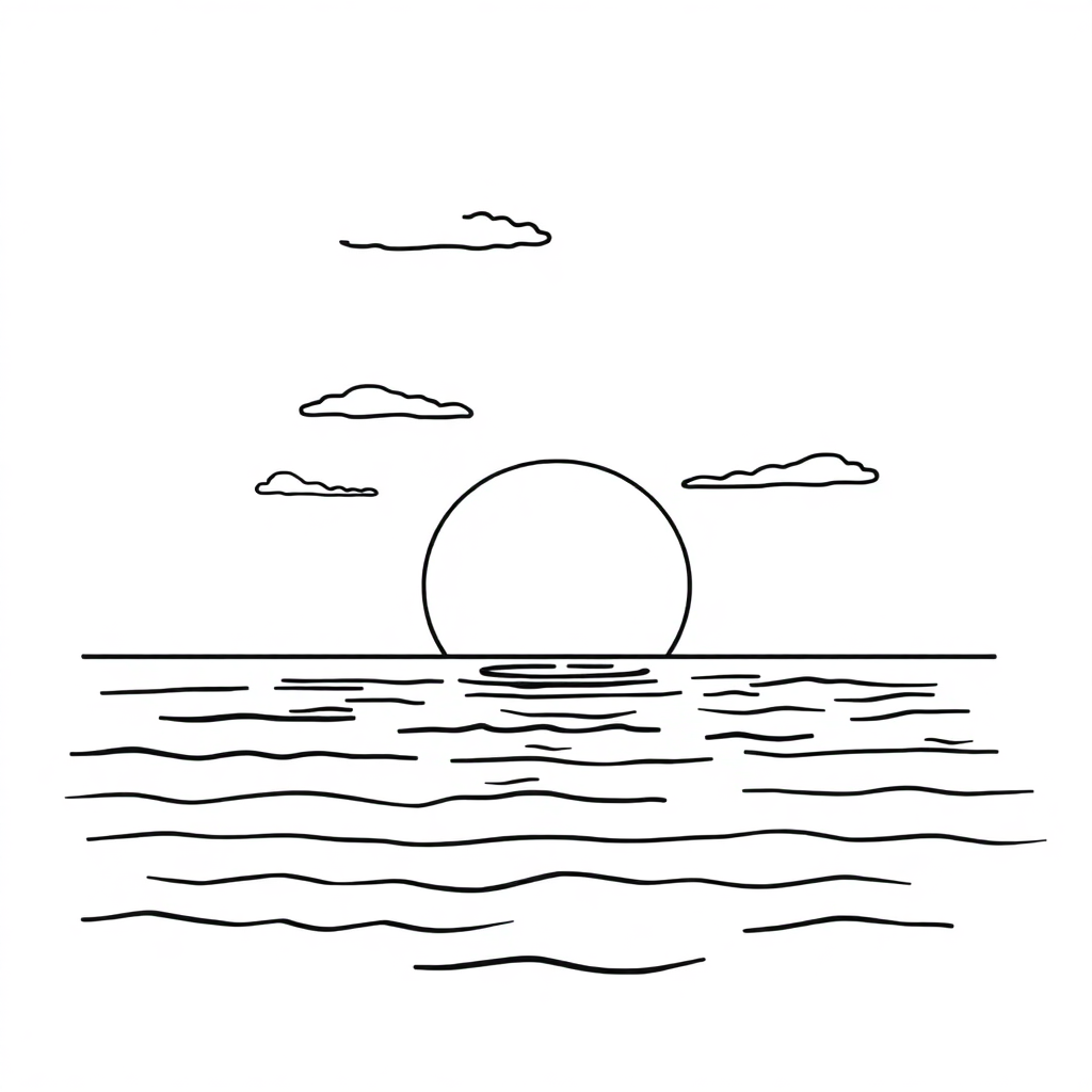 Realistic Sunset Over Ocean Coloring Page