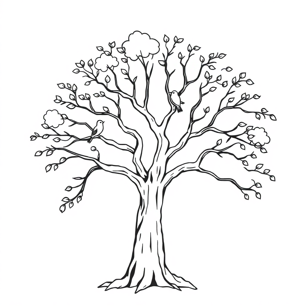 Realistic Tree With Birds Coloring Page