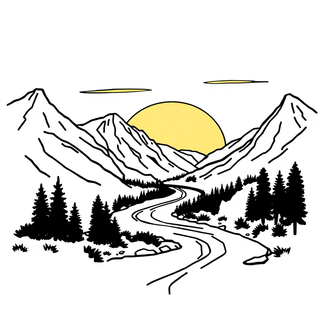 River Through Mountains At Sunset Coloring Page