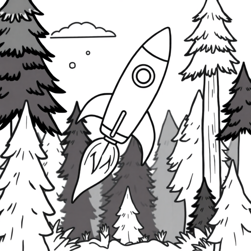 Rocket Ship Flying In Forest Coloring Page