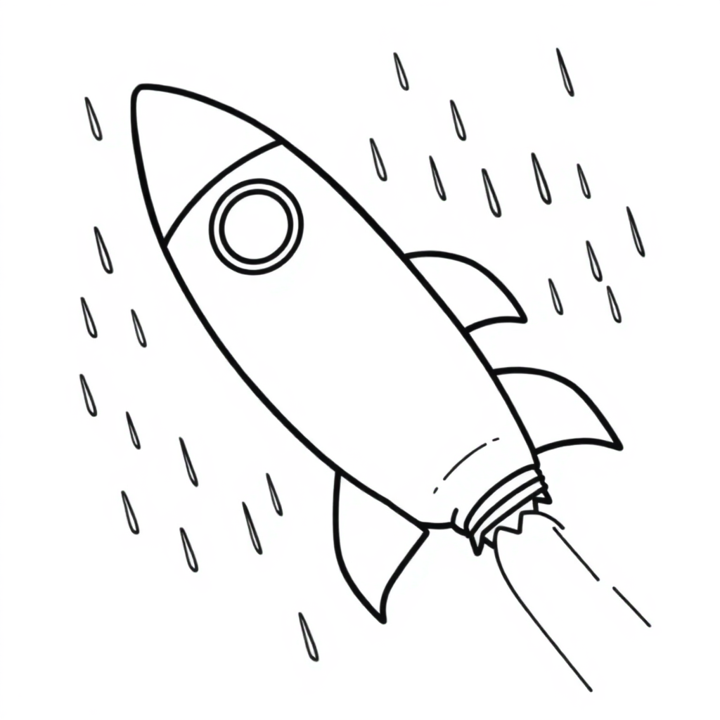 Rocket Ship Flying In Rain Coloring Page