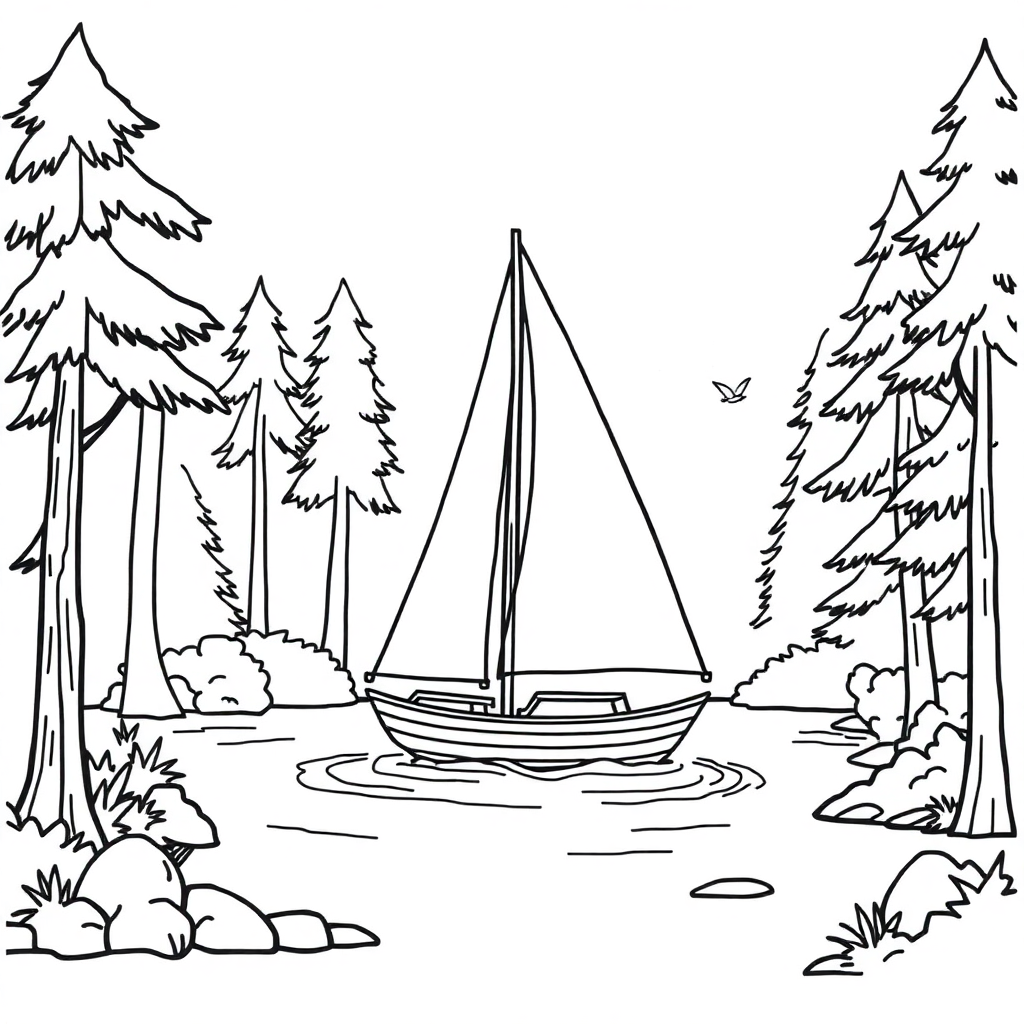 Sailboat On Water In Forest Coloring Page
